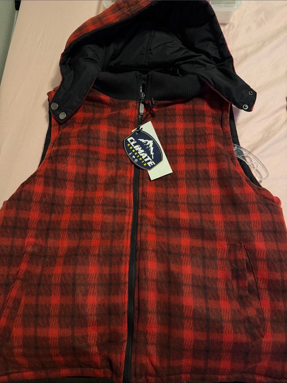 Brand new Climate Concepts Men's Red Plaid Hooded Vest